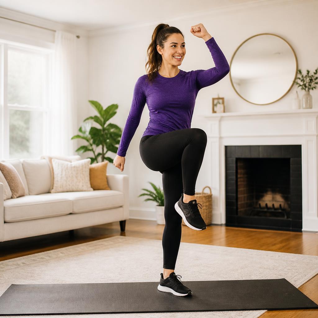 Woman doing an energetic at-home workout in a sunny living room